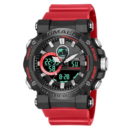 SMAEL Cronógrafo Luminoso de Running para Hombre, Deportes 50M Impermeable A Prueba de Golpes y Caídas Militar Analógico Digital Relojes de Pulsera,Rojo