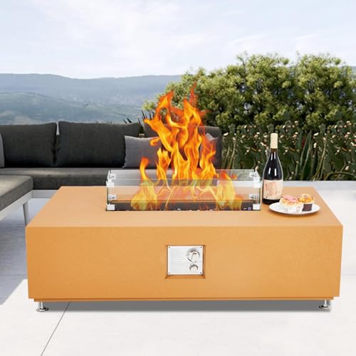 48" Outdoor Fire Pit Table,50000BTU Rectangle Propane Fire Pit with Glass Wind Guard, Lid, Rocks and Rain Cover, CSA Certified Outdoor Propane Gas Fireplace for Deck or Patio