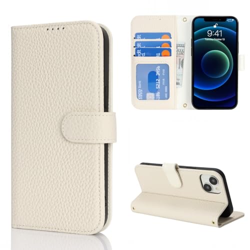Coque iPhone 13 Mini en cuir véritable Beige élégant avec fentes cartes