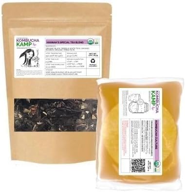 Kombucha KampGenuine KOMBUCHA CULTURE (1 Lrg SCOBY + 1 Cup Strong STARTER LIQUID - Makes 1 Gallon) & Hannah's Special TEA BLEND - 1/4 LB (60 Servings)
