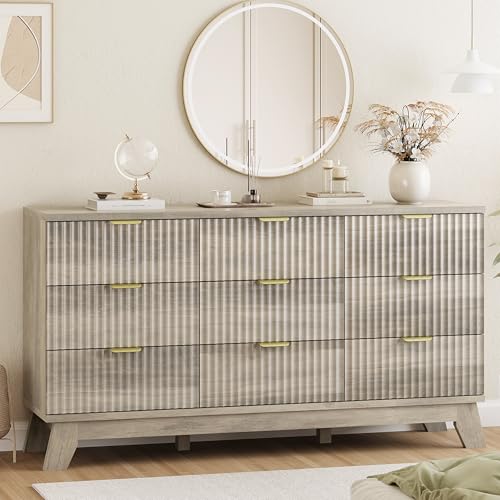 Image of Xixini Fluted Dresser for Bedroom with 9 Drawers, 57 inch Wide Modern Chest of Drawers with Metal Handle, Wooden Dresser TV Stand, Wood Closet Clothes Storage Organizer for Living Room, Hallway, Grey