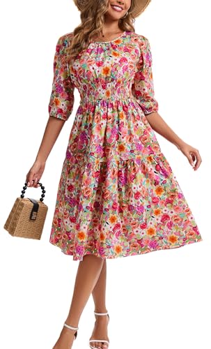 Image of Kormei Women Casual Boho Floral Round Neck 3 /4 Sleeve Smocked Waist Tiered A Line Flowy Swing Midi Dress Long Dresses