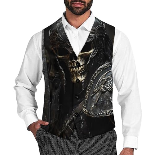 Skeleton Warrior Ancient Sword Suit Vest for Men Slim Fit Sleeveless Jacket V Neck Business Waistcoat Button Up Dressy Top