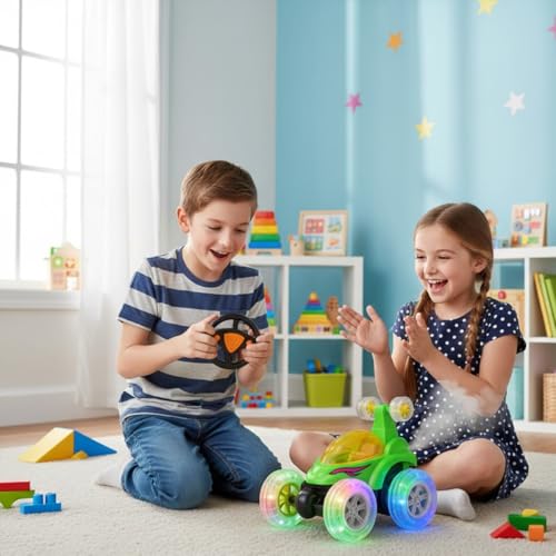 Image of Rechargeable 360 Rotation RC Stunt Car for Kids - Dual-Sided High-Speed Remote Control Car with LED Lights, Mist Spray & Music | Flips, Spins & Drift Toy Vehicle for Boys(stun twith Smoke)