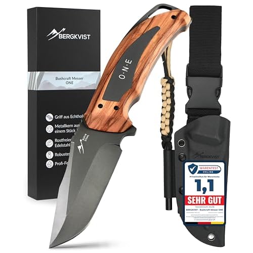 BERGKVIST® Bushcraft Messer ONE mit feststehender Full Tang Klinge (9,7 cm) – Mitführen in Deutschland erlaubt – Survival Messer für Outdoor mit Echtholz-Griff, Holster, Feuerstahl & mehr