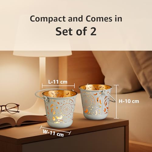 Image of Amazon Brand - Solimo Tea Light Votive - Round Shape with Handle, White Powder-Coated Iron with Gold Interior, Set of 2 (Size: L-11 cm x W-11 cm x H-10 cm)