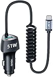 SUNDA USB C Fast Car Charger 51W Dual Ports, Built-in 5.9FT Type C Phone Charger Cable, USB-C Port Charger with PPS 33W/PD 30W/&QC 18W, Compatible with Samsung Galaxy S22/S21/A12/A20/A51/Note22