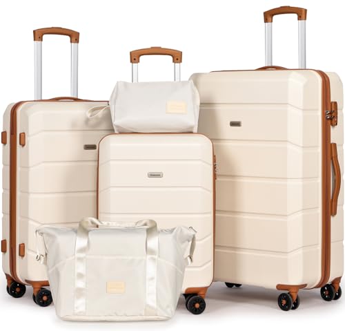 H.yeed Luggage Sets of 5 Piece, Lightweight Trolley Travel Suitcase Set ABS Hard Shell with 4 Spinner Wheels TSA Lock for Man Women, 21" + 24" + 28"+ Duffels Bag & Toiletry Bag (White, 5 Piece Set)