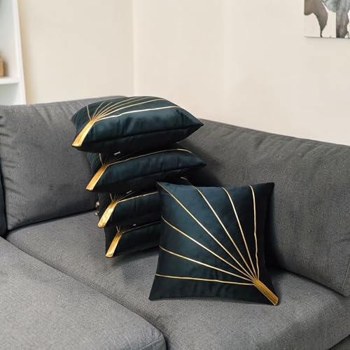 Image of Home Velvet Cushion Cover with Golden Stripes, Aqua Pack of 5, 16x16 to 26x26 Inch (Black, 24x24in)