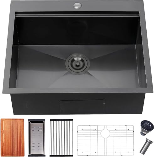 25 Inch Black kitchen Sink Drop in - 25x22 Topmount Ledge Workstation Kitchen Sinks 16 Gauge Handmade Stainless Steel Single Bowl Sink with All Accessories for Kitchen Laundry Utility
