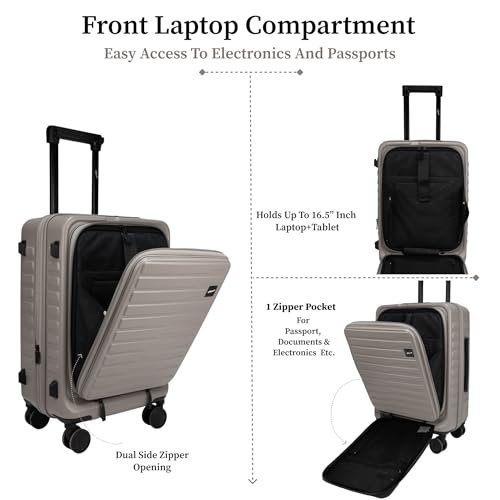 Image of F Gear Sedona Small Cabin Pro 54cm German Polycarbonate Hard Luggage|8 Japanese Hinomoto Silent Wheels| USB & Type-C Charging, Phone Stand & Cup Holder | Front Opening Suitcase for Travel (Taupe)