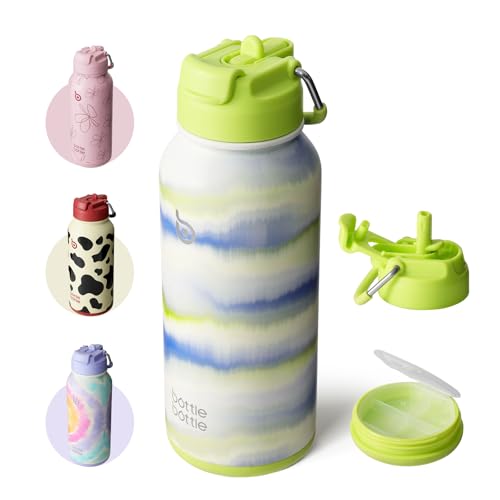 BOTTLE BOTTLE Botella de agua aislada de 32 onzas, botella de agua deportiva de acero inoxidable con pajilla, diseño de tapa de doble uso para gimnasio con pastillero (niebla)