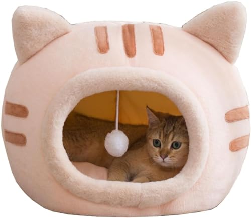 Brfveob 猫ハウス ベッド ペット用寝袋 ドーム型 猫ハウス 小型犬 猫用 暖かくてふわふわ 折り畳み式 寝袋 クッション 断熱 防寒 猫や小動物用 厚手 室内 冬用 防寒 かわいい おしゃれ 秋冬用 猫型 犬ハウス 冬暖かい 半密閉式 猫ベッドマッ
