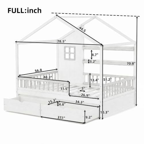 Image of Bellemave Full House BedFrame with Canopy and Storage Drawers, Montessori Bed, House Bed with Rails for Kids, White