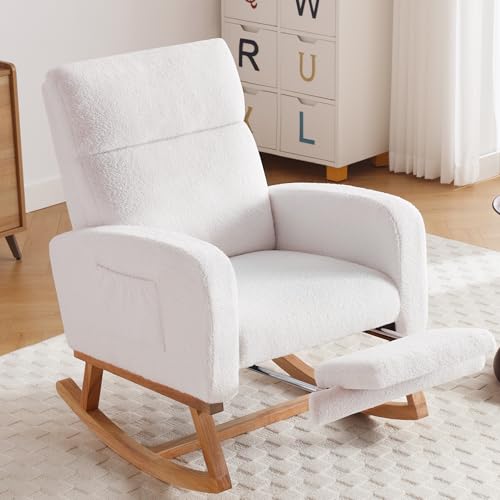 Image of HCHAIRH Rocking Chair Nursery with Foot Rest, Nursing Rocking Chairs for Mom Nursery, Teddy Rocker Glider with High Backrest for Living Room, Bedroom, White