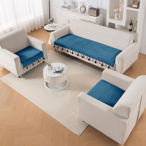 Image of HOKIPO 5 Seater Sofa Cover Mat with Tassel in 3+1+1 Configuration | Dyed Holland Velvet Fabric | 'TasselTone Series' | Sea Blue (IN-1108+1104-BL*2)