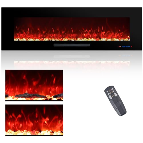 60 inch Electric Fireplace Wall Mounted Electric Fireplace for Indoor Remote Control Thermostat Realistic Flame Effects Logs Crystals 13 Colors 5 Brightness 7501500W Black