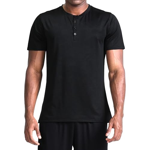 Zylphorix Men Quarter Button Short Sleeve T-Shirt Round Neck Outdoor Running Fitness Shirts Summer Quick Dry Jogging Pullover (Black,3X-Large)