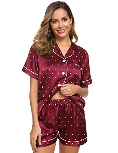 Image of SWOMOG Womens Pajamas Set Silk Satin Sleepwear Short Sleeve Nightwear Button Down Pj Lounge