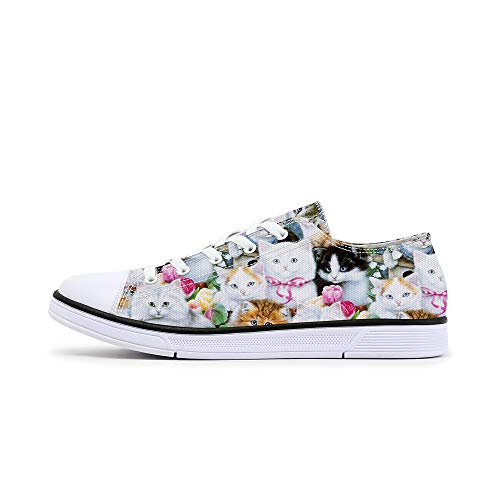 FIRST DANCE Women's Cat Printed Shoes Cute Ladies Cat Design Sneakers Low Tops White Canvas Shoes