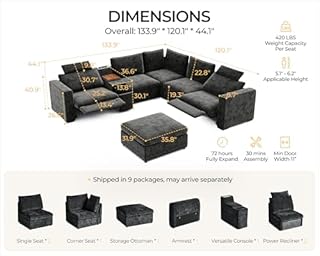Oversized Modular Power Recliner Sofa Wall Hugger, Cloud Reclining Couch with Headrest, Storage Ottoman, Drawer Charging Cup Holder, Deep L-Shaped 6 Seater with Dual Electric Recliner, Chenille, Black