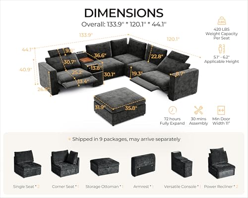 Image of Oversized Modular Power Recliner Sofa Wall Hugger, Cloud Reclining Couch with Headrest, Storage Ottoman, Drawer Charging Cup Holder, Deep L-Shaped 6 Seater with Dual Electric Recliner, Chenille, Black