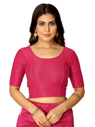 Image of Amazon Brand - Anarva Round Neck Dobby Cotton Lycra Stretchable Elbow Half Sleeve Readymade Saree Blouse for Women Stylish
