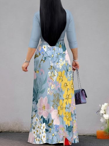 Image of SUZONANA Plus Size Dresses for Women Floral Print Maxi Dress Flowy 3 /4 Sleeve with Belt