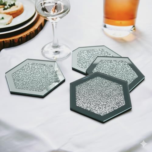 SERENA'S ® 4 Pack Crushed Diamond Crystal and Mirror Coasters Set of 4 Glittering Silver Coasters for Home Kitchen & Restaurant Décor, Sparkly Coaster Set for Gifting on Special Occasions (Hexagon) - Image 6