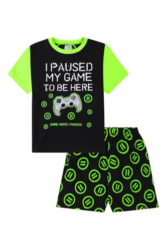 ThePyjamaFactory I Paused My Game to Be Here Gaming Black Green Short Pyjamas (13-14 years)