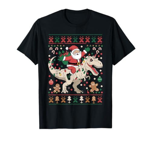 Babbo Natale equitazione T-rex Dinosuar Brutto Natale Maglione Pigiama Maglietta