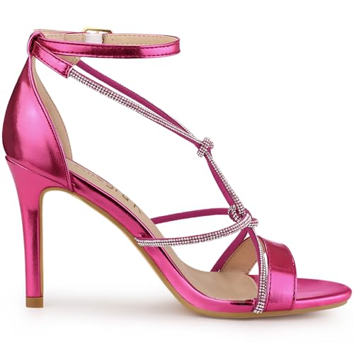 Allegra K Allegra K Women's Rhinestone Knot Strap Stiletto Hot Pink Heels Sandals 7.5 M US