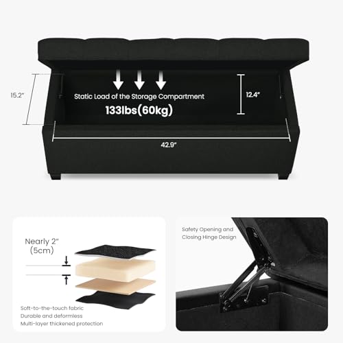 Image of Living&Giving Storage Ottoman Bench for Bedroom, 47.2 inch, Black