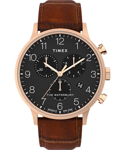 Timex Men's Waterbury Classic 40mm Watch - Brown Strap Black Dial Rose Gold-Tone Case