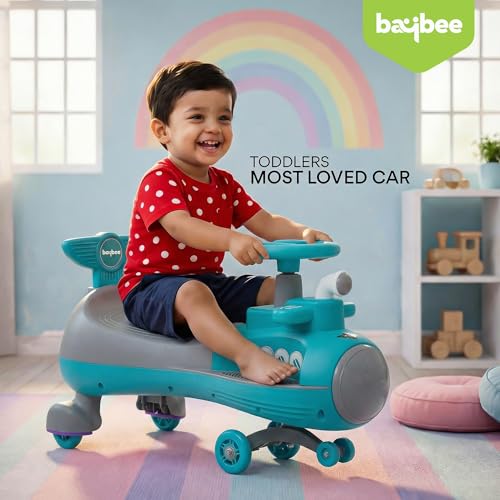 Image of Baybee Diver Baby Swing Cars for Kids | Twister Ride on Kids Car with RGB Lights, Music & Backrest | Indoor Wiggle Push Baby car with Floor Lights | Magic Car for Kid 2 to 5 Years (Blue)