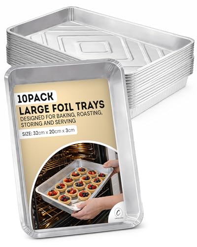 Coselena Foil Baking Tray 32 x 20 cm 10 Pack Heavy Duty Disposable Aluminium Foil Trays for Baking Cooking Roasting BBQ Meal Prep and Food Storage