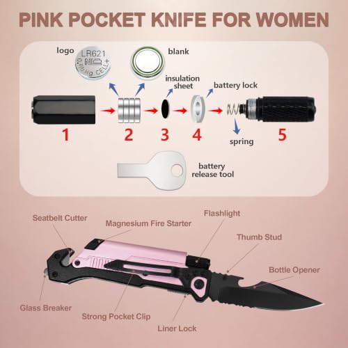 Image of ALBATROSS Pink 6-in-1 Folding Pocket Car Knife for Women, 3.5 inch Blade