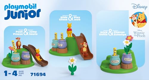 Playmobil 71694 Junior & Disney : Winnie l'ourson et Tigrou avec Jardin d'abeilles - Comprend Un Toboggan et Une Colline - Jouet fabriqué à partir de matière d'origine végétale - Dès 12 Mois