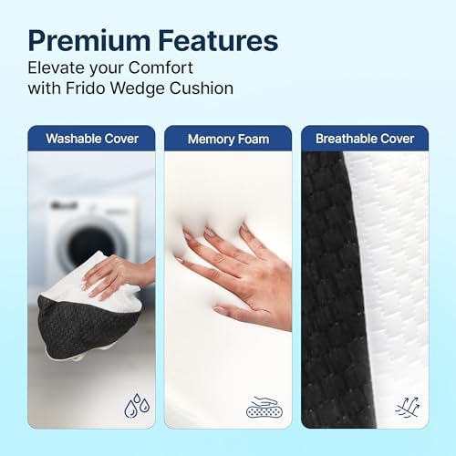Image of Frido Complete Back Support Wedge Cushion Made with Memory Foam | Improves Comfort and Posture While Sitting /Working On Bed | Premium Removable Covers | Pack of 1 - White & Grey