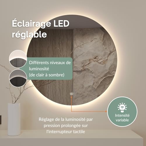 Miroir de salle de bain avec interrupteur tactile éclairage LED - 7