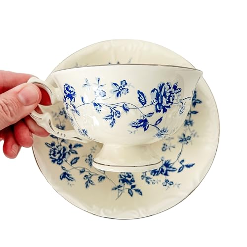 Blue and Cream French Toile Chinoiserie Teacup and Saucer Set,