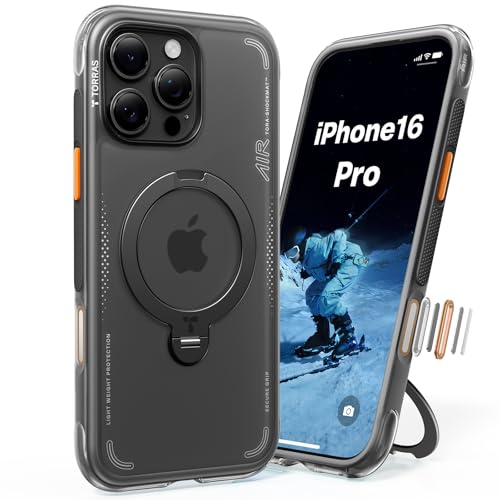 Image of TORRAS Ostand Q3 Air for iPhone 16 Pro Case 6.3'' with Real Airbags, Fit for MagSafe, 360 Magnetic Stand, Camera Control Button, Mil-Grade Protection, Shockproof & Stylish Case for iPhone 16 Pro,Black