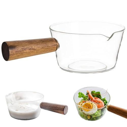 Yadlan Olla De Vidrio para Leche, Cacerola De Vidrio Transparente, SartéN De Vidrio con Mango De Madera, Boquilla, SartéN De Leche para Ensalada Mixta De Leche