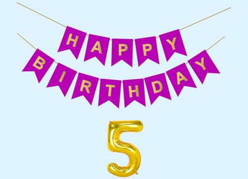 Image of 5th Happy Birthday Decoration Kit Purple for 5 year Old Boys Girls Baby with Number Five Party Decorations Decor Celebration Items Item Set Combo Reusable Paper Banner