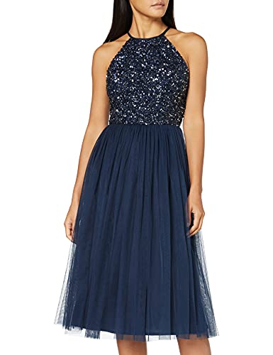 Maya Deluxe Damen Maya Deluxe Embellished Halter Neck Midi Bridesmaid Dress, Navy, 42 EU