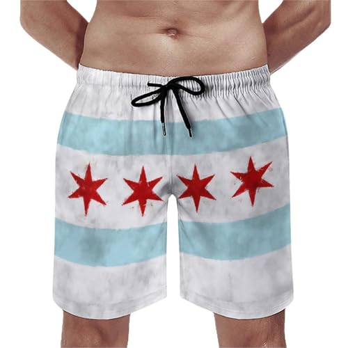DQJUWQP Chicago-City Flag Men's Swim Trunks，Mesh Lining Quick Dry with Pockets Beach Shorts X-Large