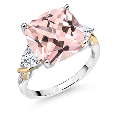 Gem Stone King 8.47 Cttw Peach Nano Morganite White Moissanite and Diamond Ring For Women In 925 Silver and 10K Yellow | 12MM Cushion and 5MM Trillion | Available in Size 5,6,7,8,93