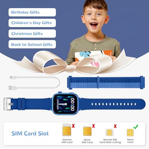 Oliimptek Smartwatch Kinder mit GPS und Telefon, 4G Kinderuhr mit HD-Anrufen, Sprachchat, SOS-Notruf, Schulmodus, Schrittzähler, Wecker, Puzzlespiele, Geschenke für Mädchen Jungen 4-15 Jahren, Blau