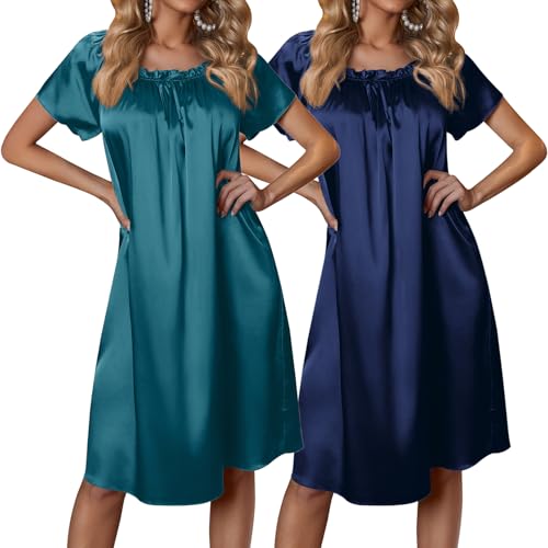 Ekouaer Satin Nightgowns for Women 2 Pack Short Sleeve Silk Night Gowns