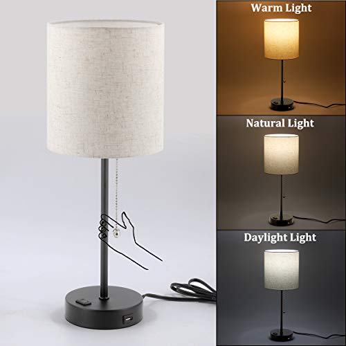 Dott Arts Usb Bedside Table Lamp, 2700K-5000K Nightstand Lamp With Pull Chain, Table Lamp Set Of 2 With Usb Port & Ac Outlet, Lamps For Bedrooms Living Room, 2 Bulbs Included,Beige Shade,2Pk,Black #TOP2